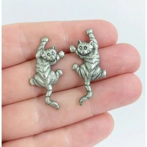 Hanging Cat Shaped Studs Earrings - Hang In There Kitty Posts - Signed JJ